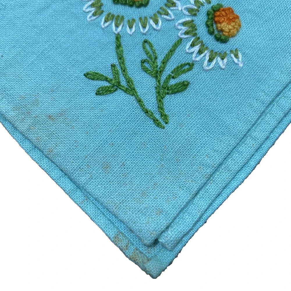 Vintage MINT GREEN Cotton Cocktail Luncheon Napkins (4) Hand Embroidery Corner